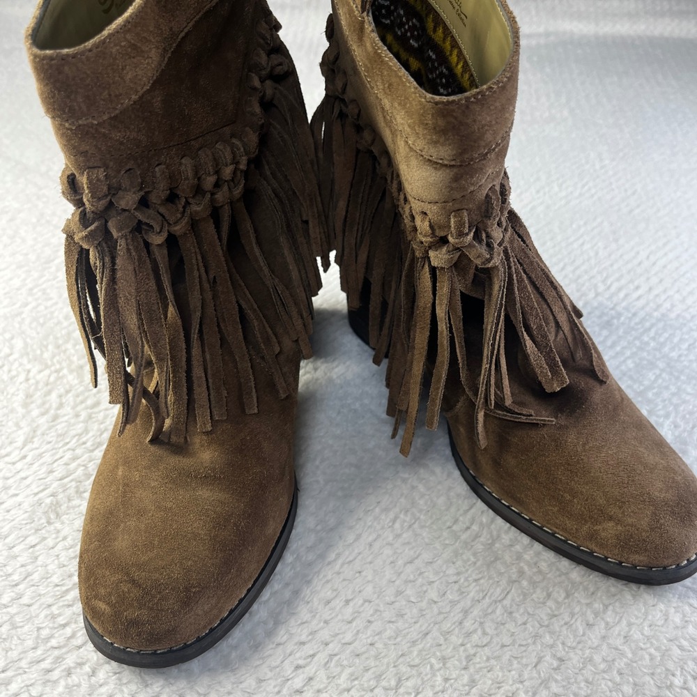 Sbicca Vintage Collection Women's Brown Suede Fringe Block Heel‎ Ankle Boots 8.5